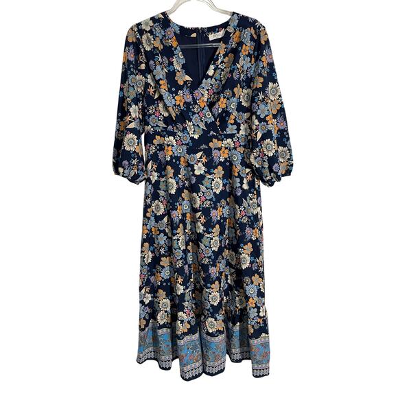 Avara Navy Blue Colorful Floral Print 3/4 Sleeve Midi Dress Ruffle Hem Large - Picture 1 of 5